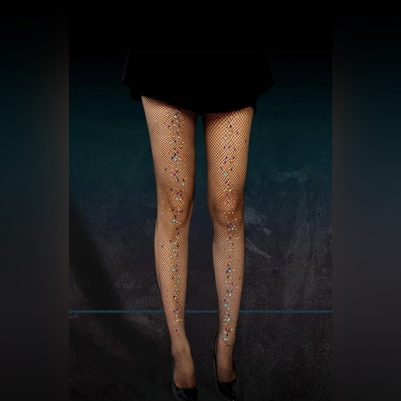 New Women's Rhinestone Black Net Mesh Stretch Transparent Stockings Tights - Picture 3 of 3